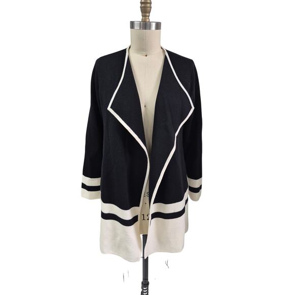 Talbots Merino Wool Open Cardigan Coatigan Cream/Black Color Block  Sz M - Picture 1 of 5